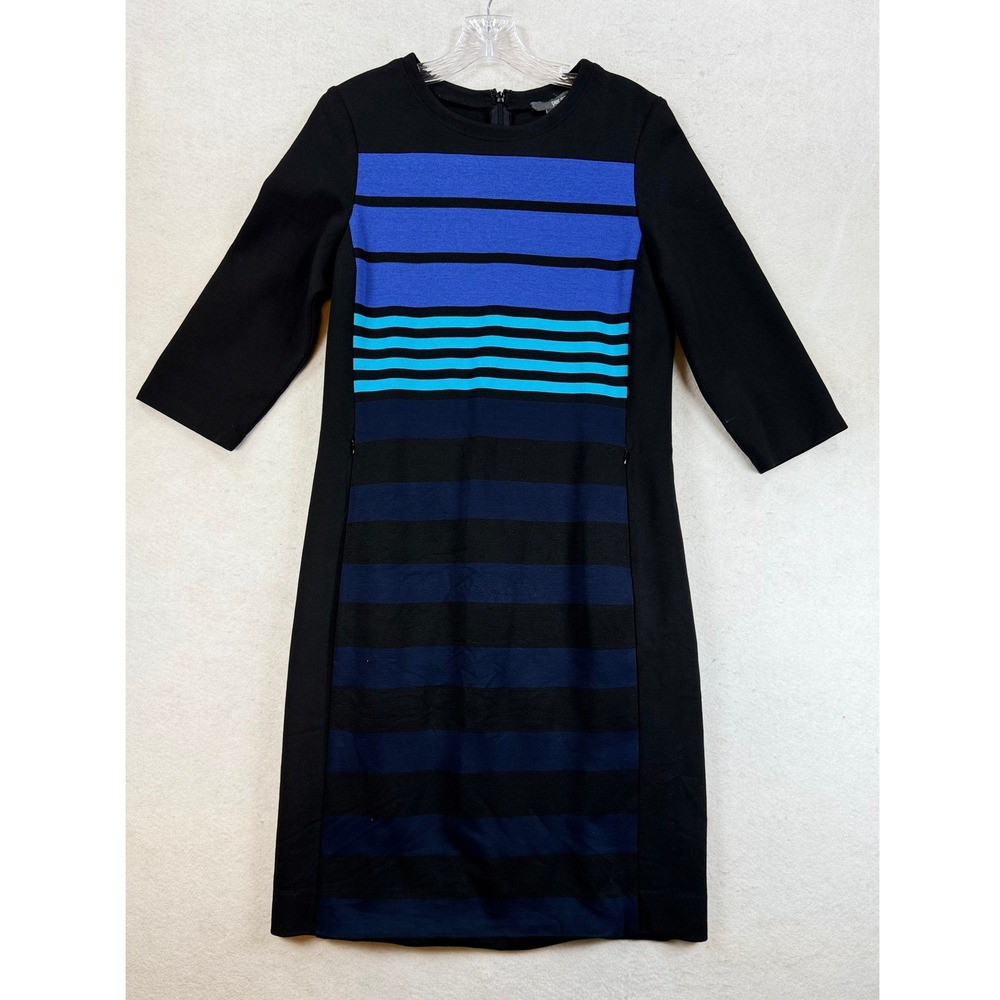 Per Se Blue Black Striped Colorblock Sheath Dress 3/4 Sleeve Pockets Size 8